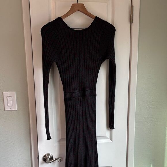 AFRM XS “Skye” Long Sleeve Ribbed Dress in Green and Burgundy Heathered Knit. - Picture 3 of 8